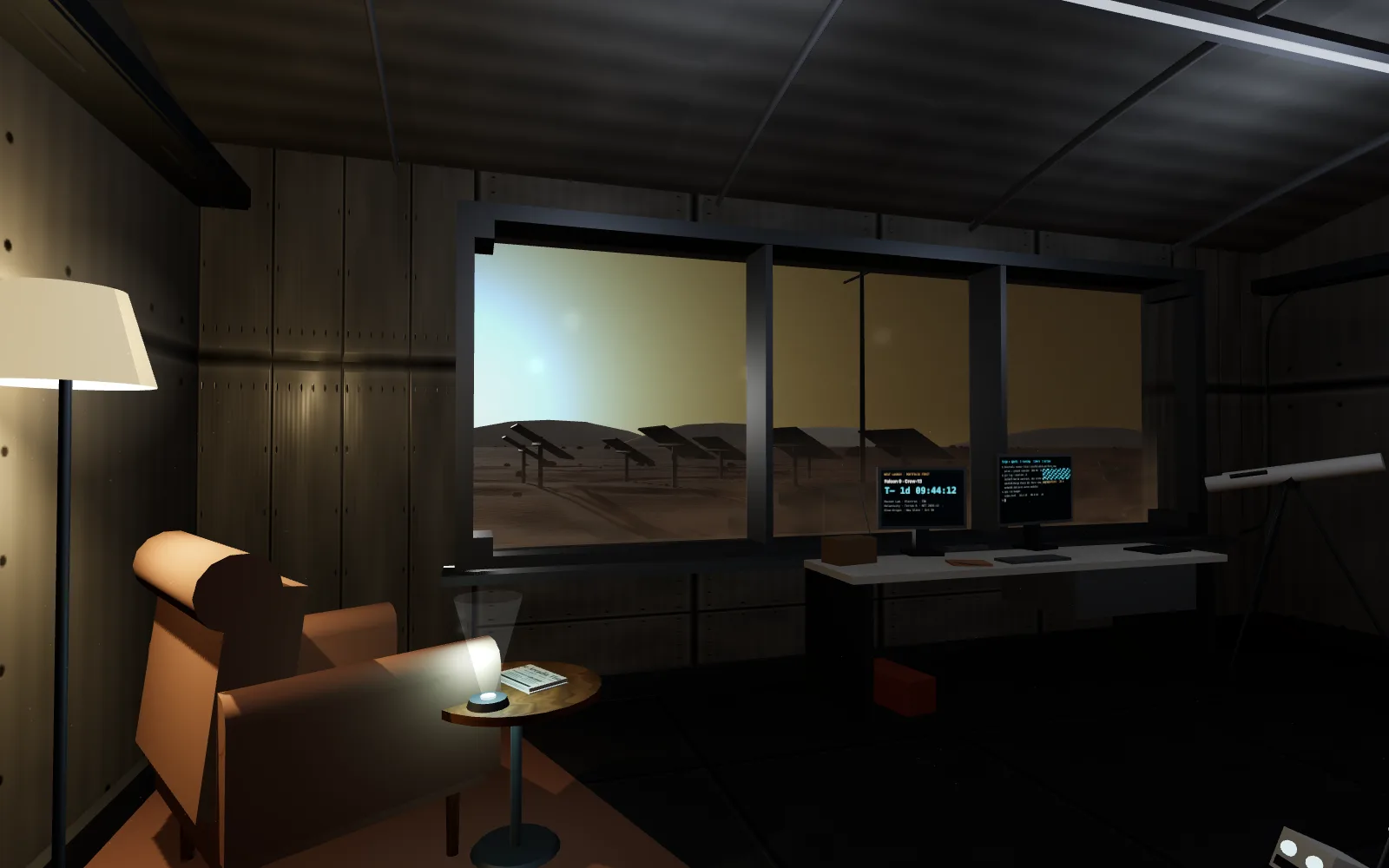 Inside the hab at dusk: a lit floor lamp, an armchair, and a long window onto the plains of Arcadia with solar panels outside.